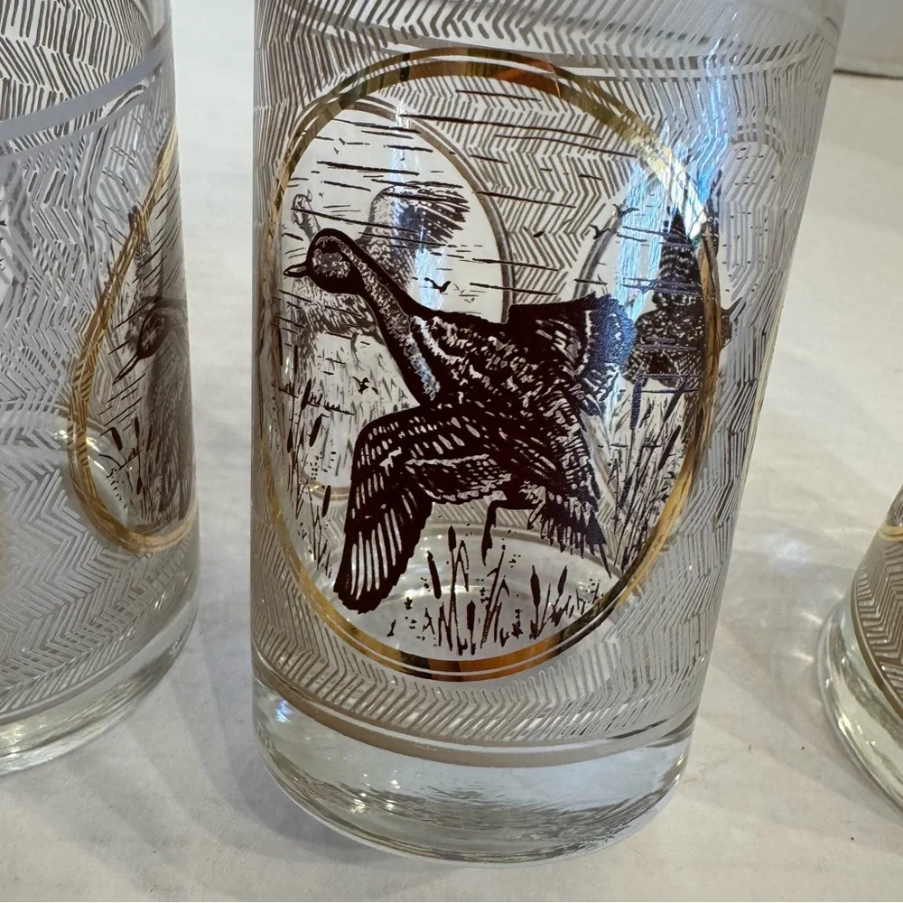 3 VTG 1970s MCM Libbey Highball Pheasant Glasses Game birds Brown Gold